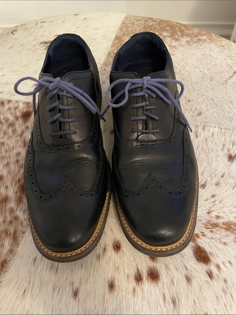 Cole Haan Black Leather Wingtip Oxfords with Tan Welt Grey Laces 9.5 M